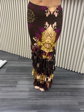 VINTAGE Jean Paul Gaultier Black Maxi Skirt with Purple and Yellow Floral Print